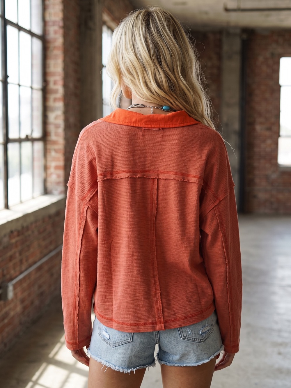 NWT Textured Button Up Collared Patch Pocket Top Brick - Picture 2 of 6